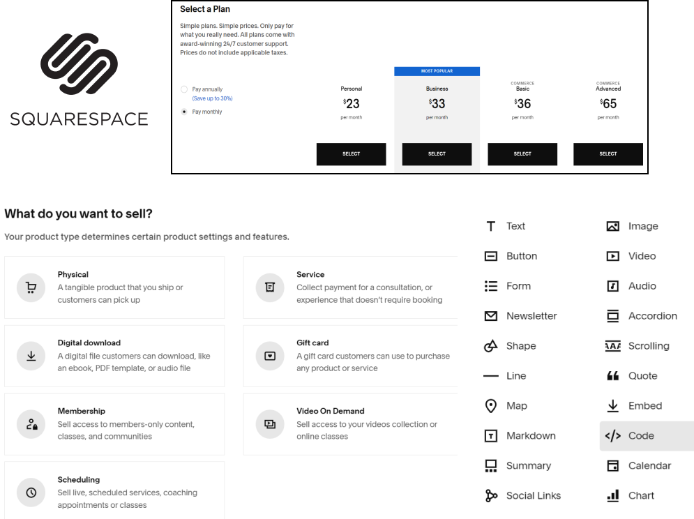 Screenshot of Squarespace pricing page