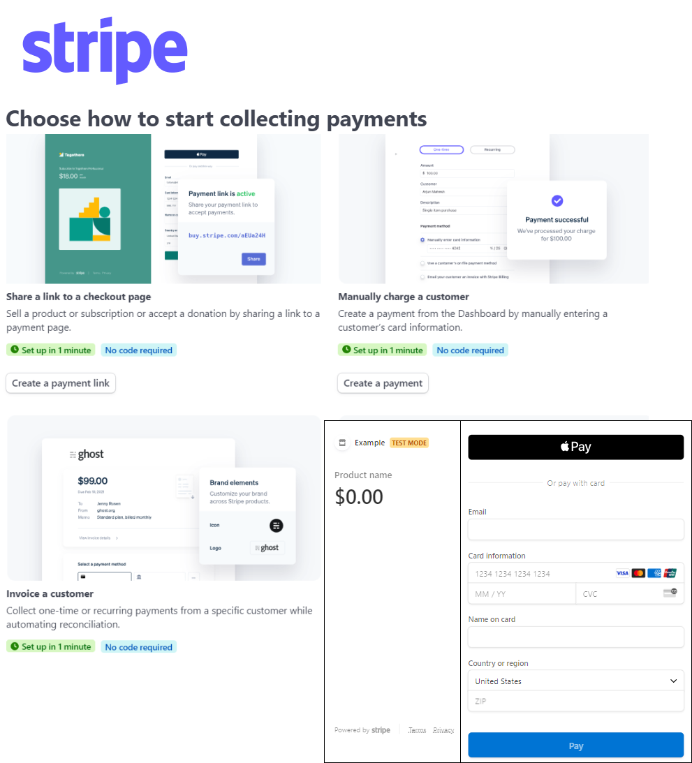 Screenshot of Stripe's interface for online payments.