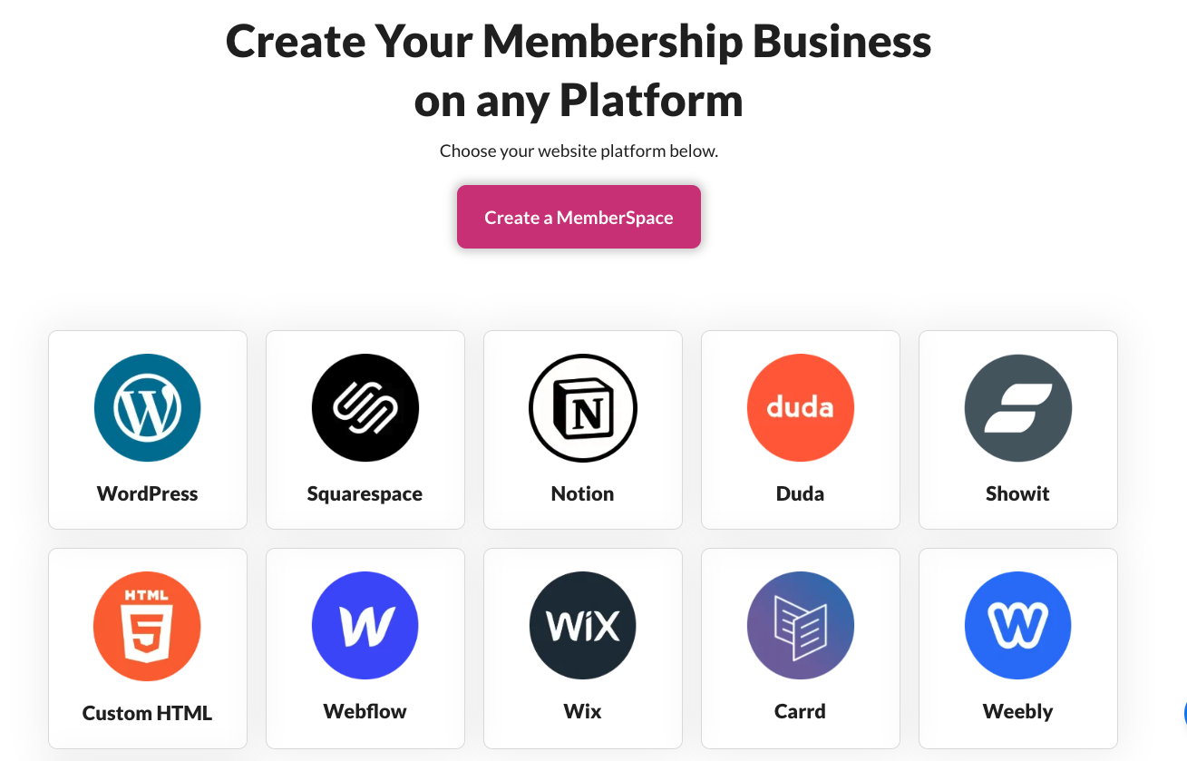 A list of all the platforms MemberSpace supports
