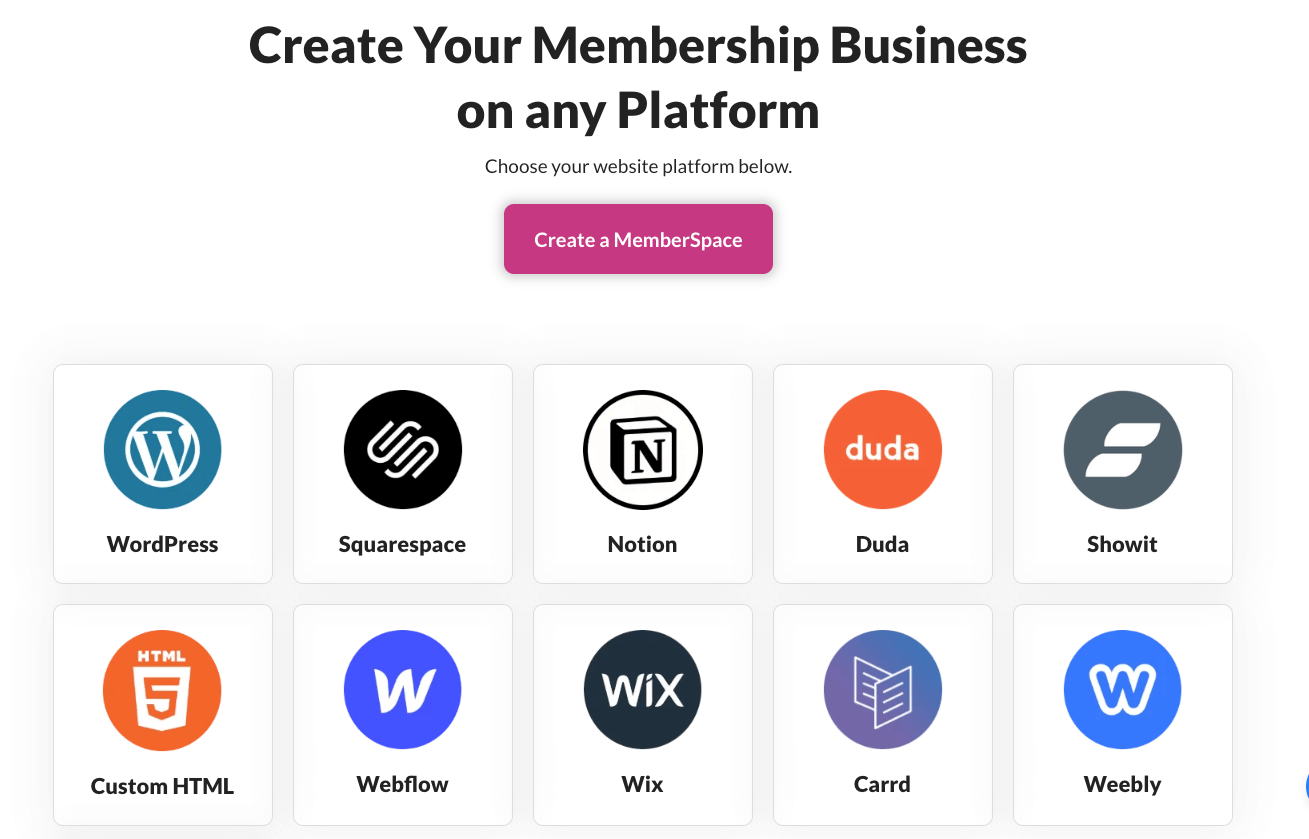 A list of all the platforms MemberSpace supports