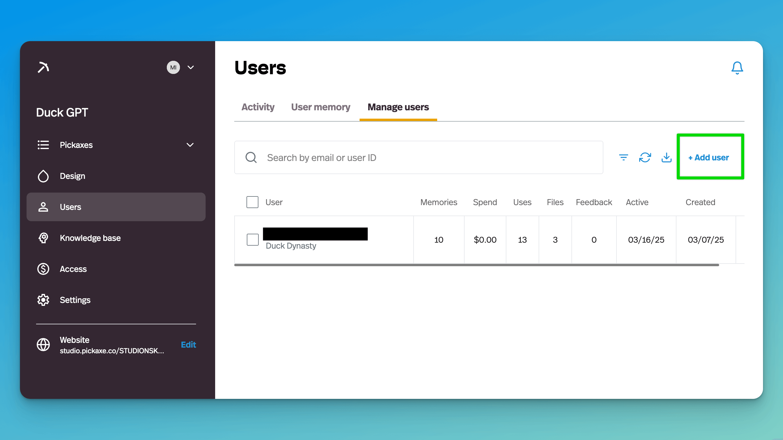 Screenshot of the manage users tab within Pickaxe.