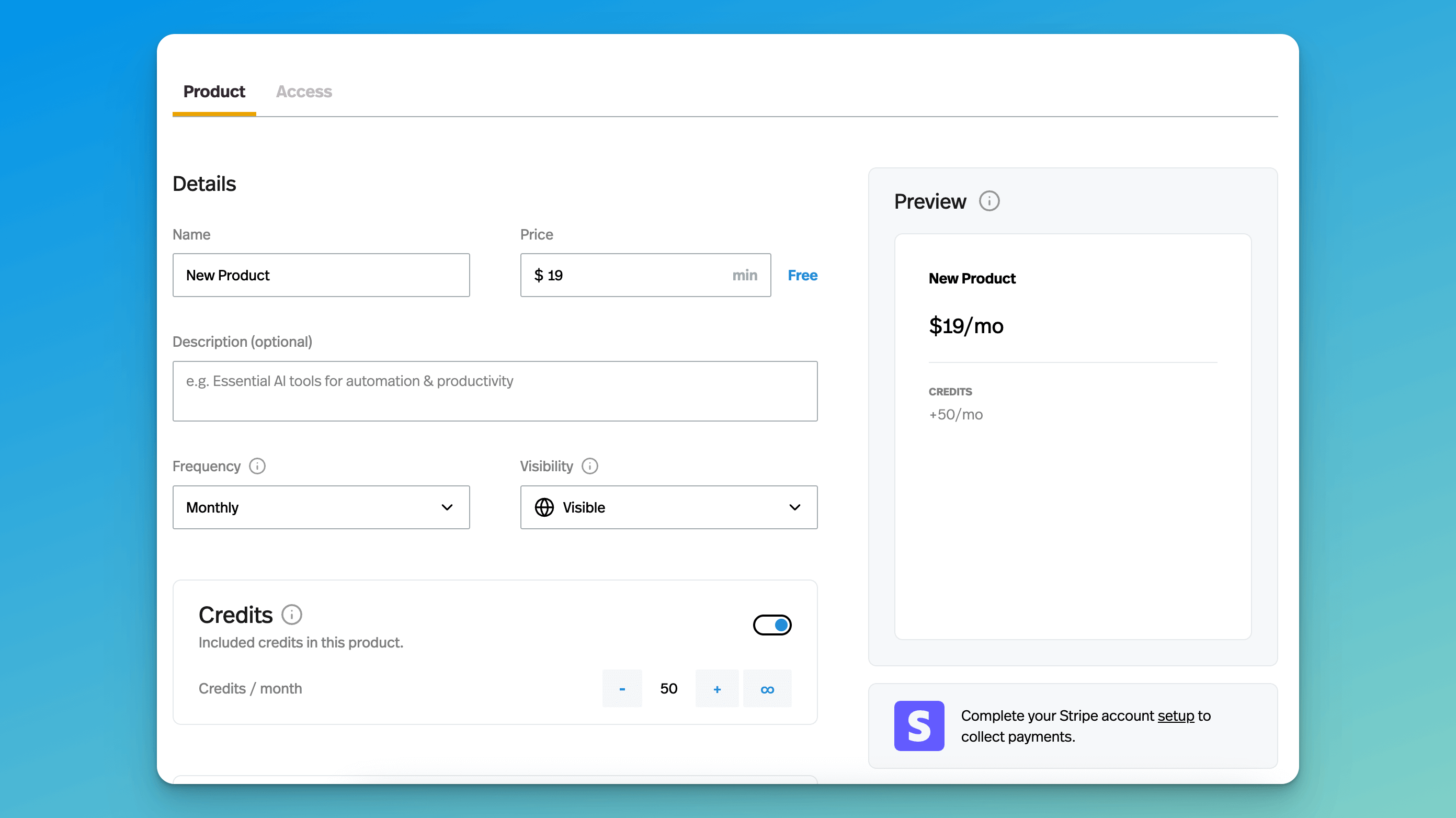 A screenshot of the screen for setting prices and paywalls for Ai tools in Pickaxe