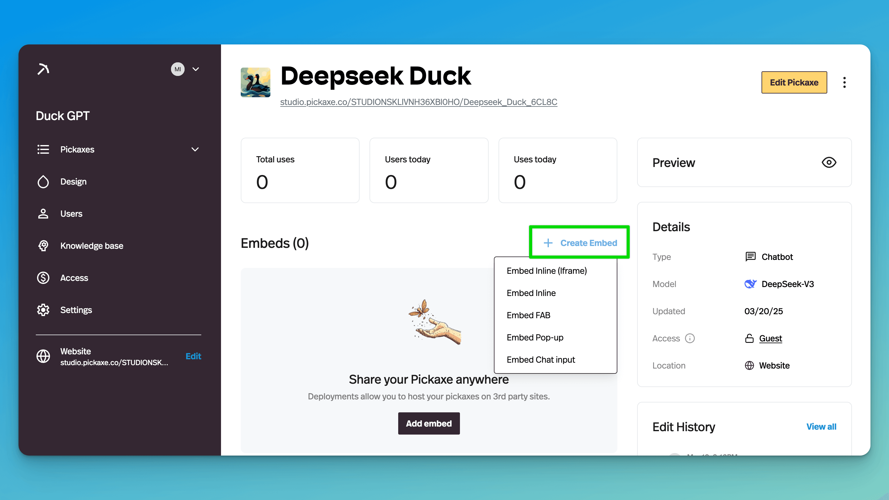 A screenshot of the Pickaxe page where you can embed AI tools