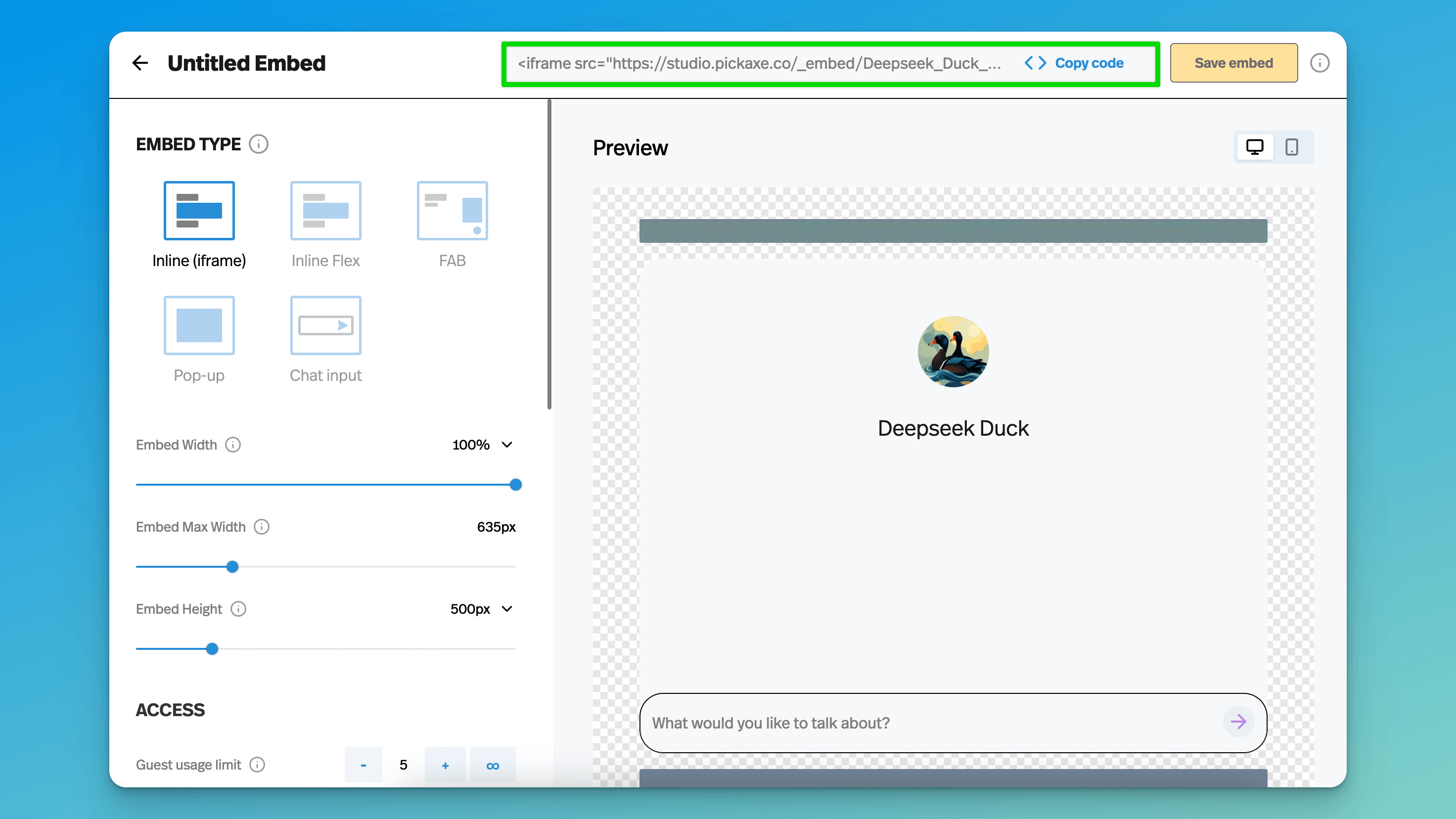 A screenshot of the chatbot embed screen in Pickaxe
