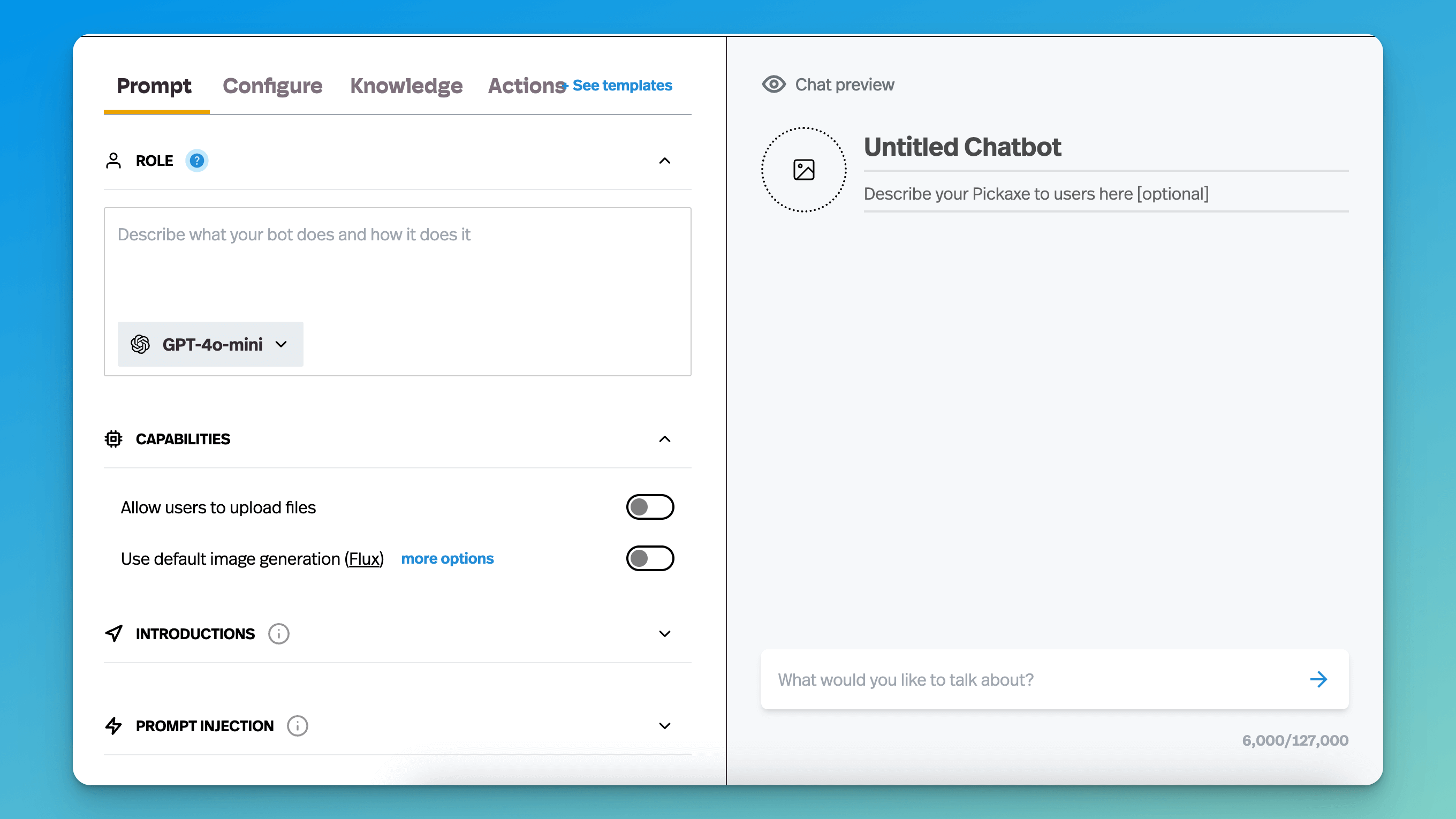 A screenshot of the Pickaxe AI chatbot builder interface