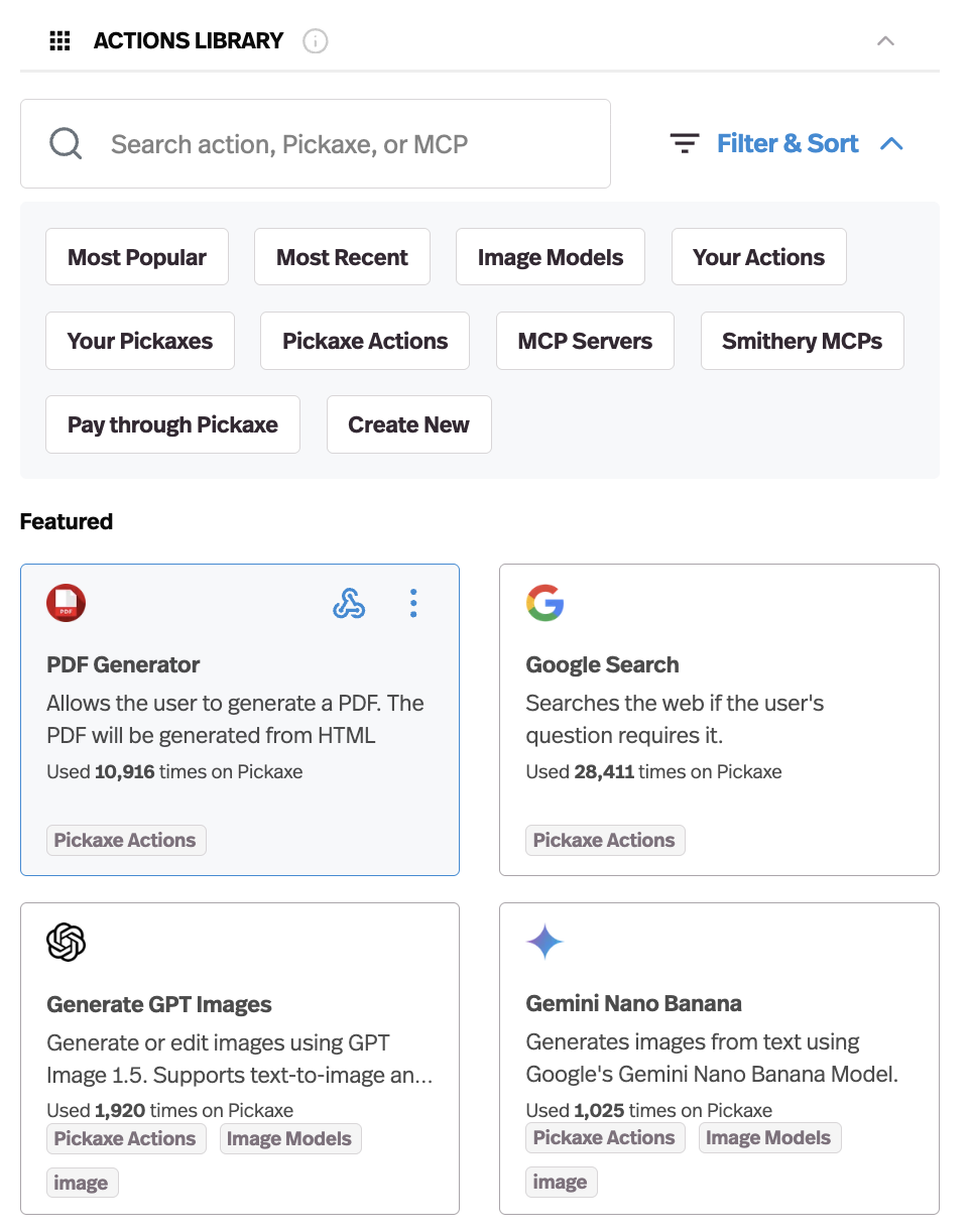 Pickaxe Actions library for rebuilding the integrations used by a Custom GPT