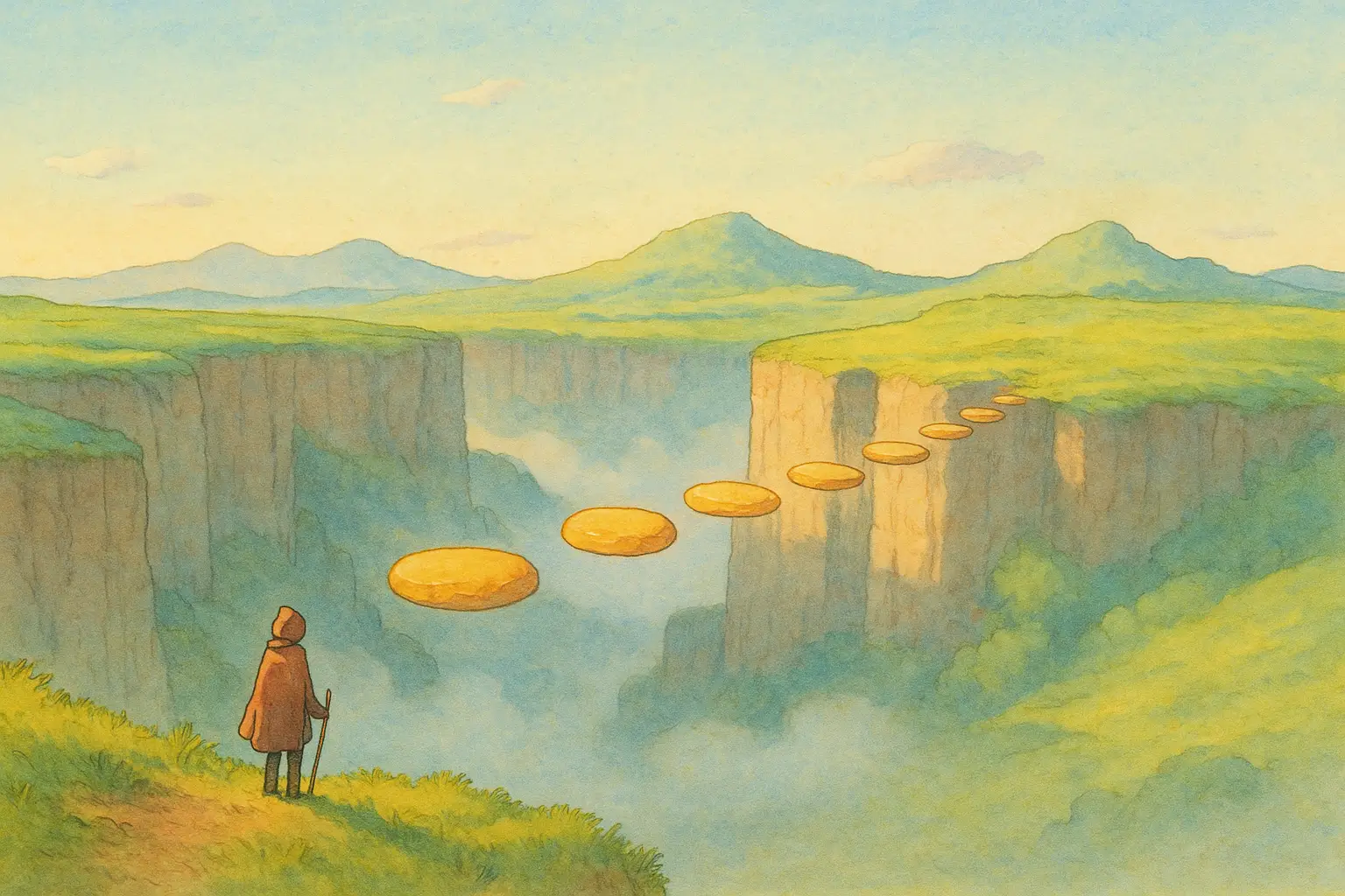 Illustration of a small adventurer at the rim of a wide canyon with glowing stepping stones bridging the AI adoption gap, in Studio Ghibli style