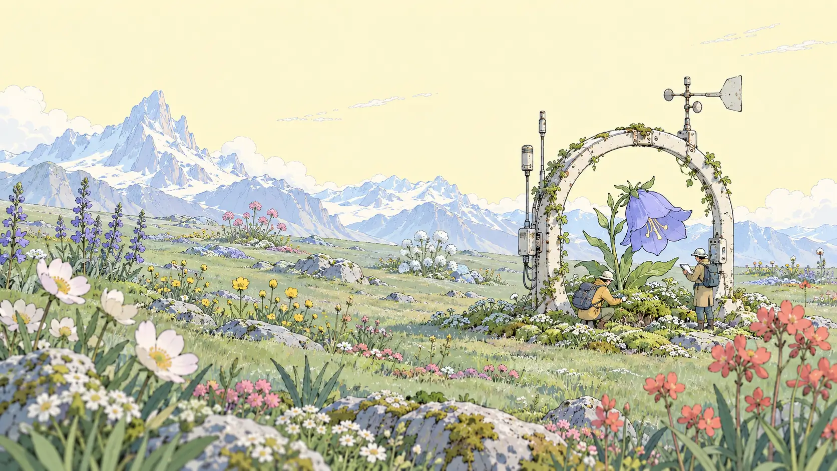 AI agency niches represented by researchers tending one well-matched alpine bloom