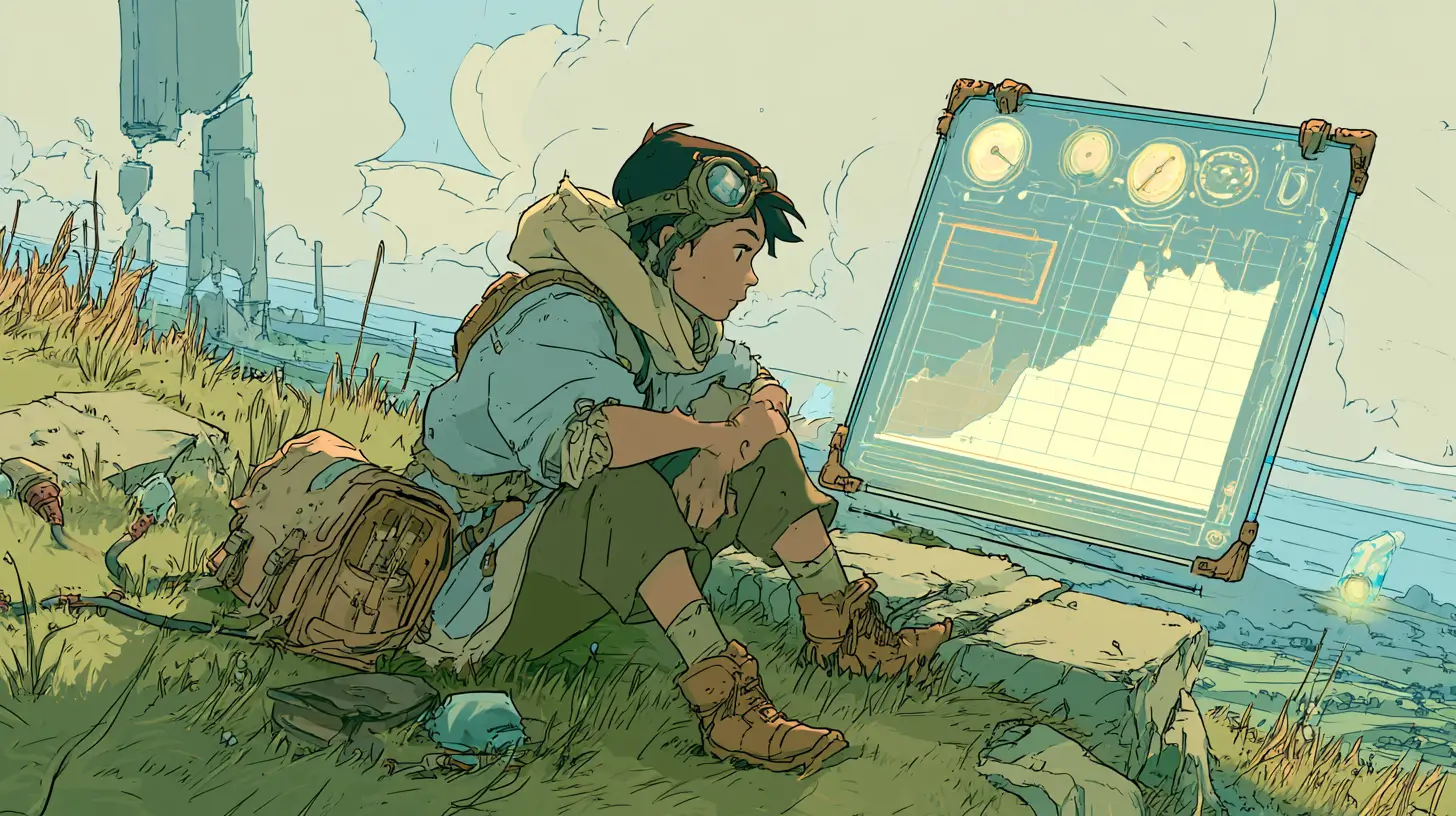 Illustrated adventurer on a sunny hilltop reading a glowing dashboard panel of gauges and a rising line chart — a metaphor for AI agent analytics measuring performance