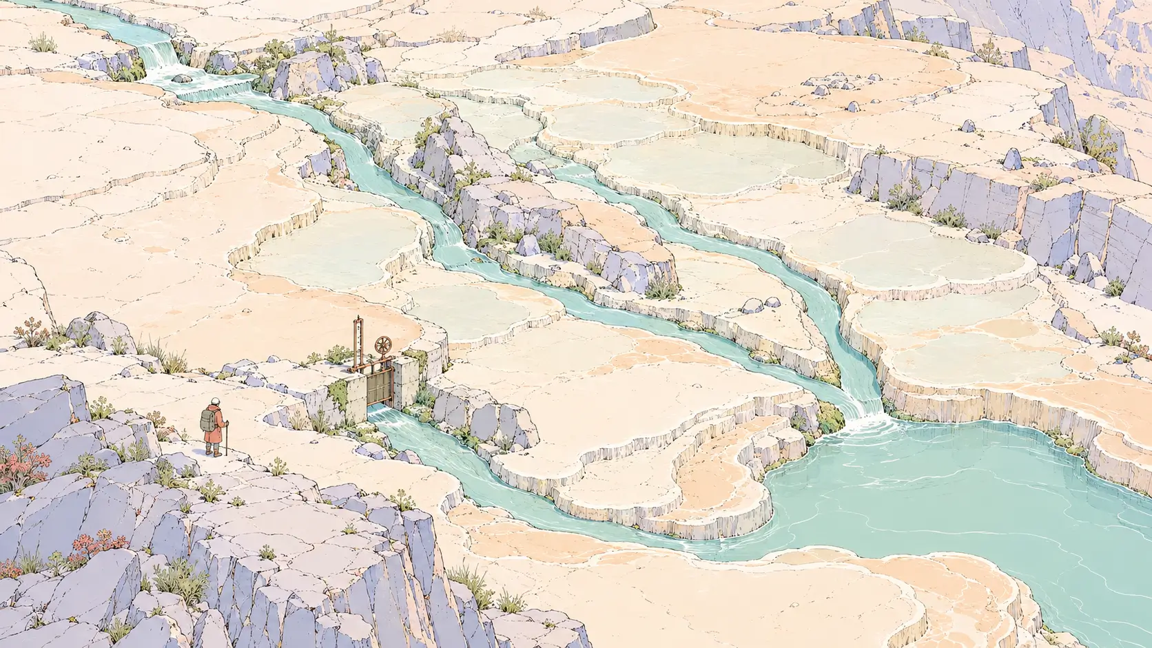AI agent architecture patterns suggested by branching snowmelt channels across a pastel volcanic plateau