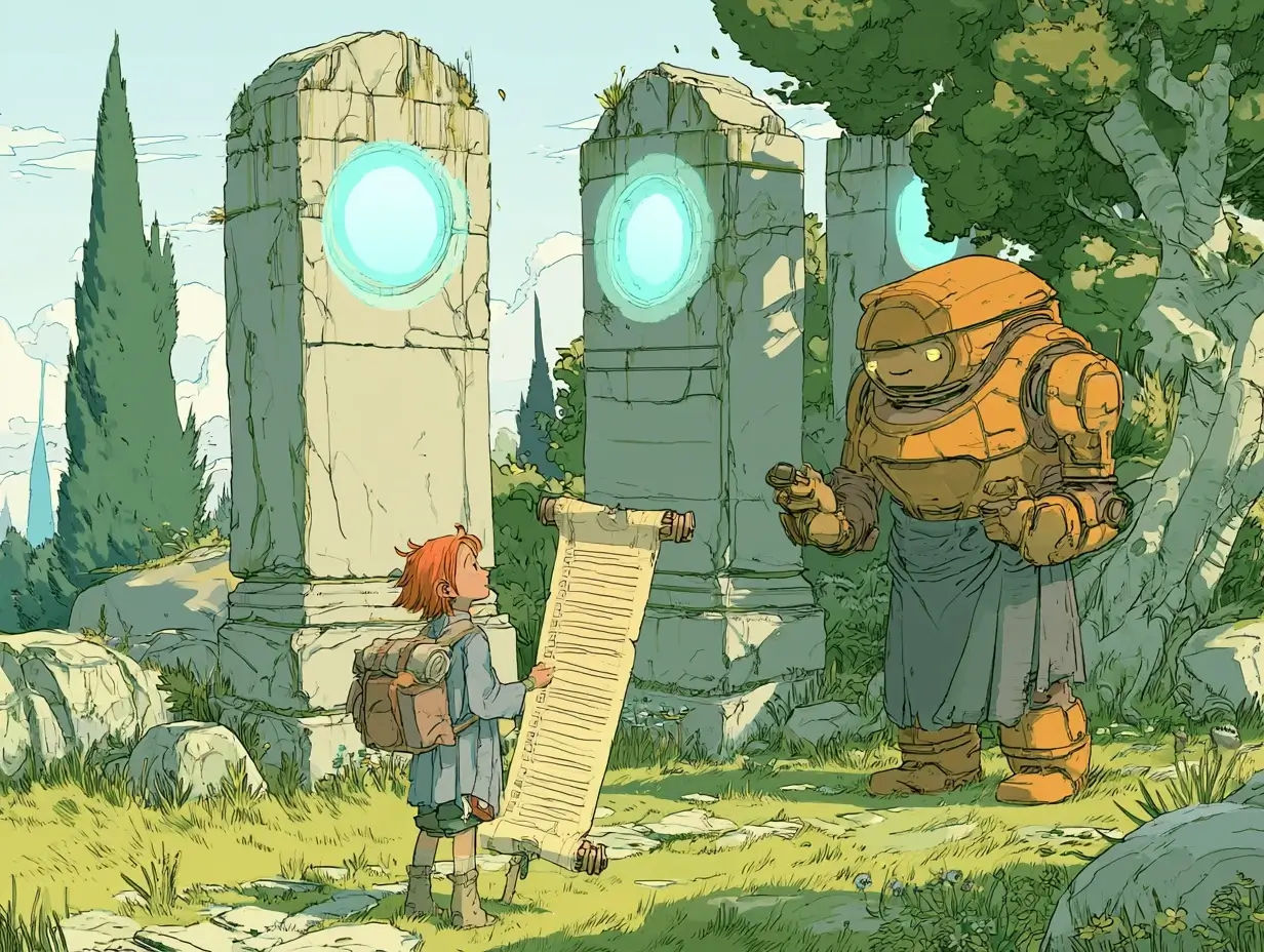 Illustrated adventurer holding a checklist scroll, guiding a friendly robot through glowing checkpoint gates — a metaphor for AI agent compliance with GDPR, HIPAA, and the EU AI Act