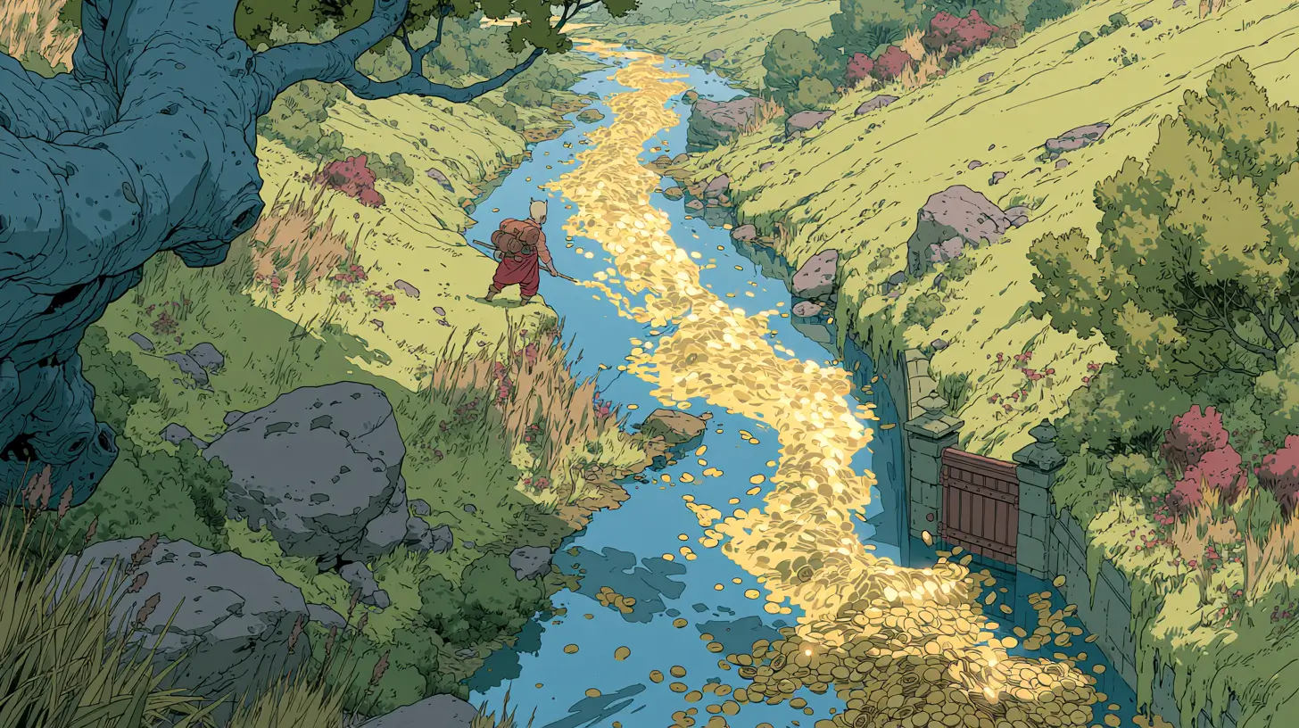 Illustration of a tiny adventurer guiding a glowing river of golden coins through a gated channel, representing AI agent cost and token economics
