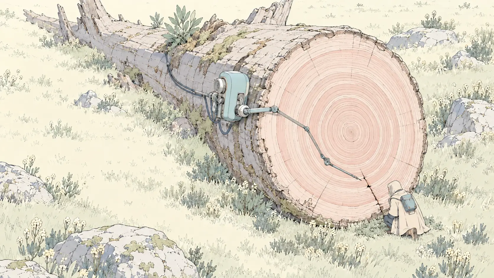 AI agent evals illustrated by a traveler and a diagnostic mechanism inspecting a new crack across the growth rings of an ancient tree