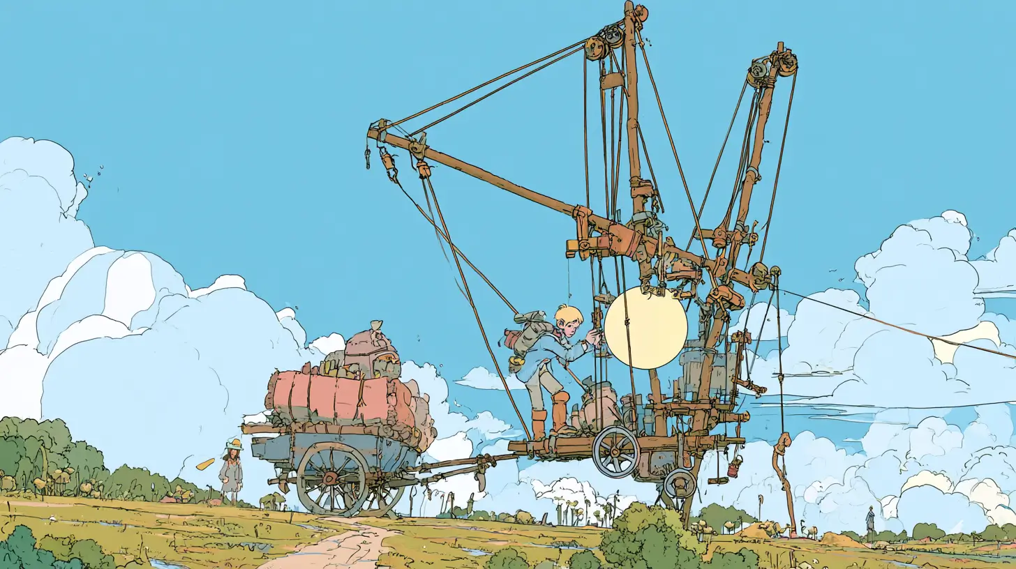 AI agent harness illustrated - an adventurer rigging a glowing orb into a wooden harness of ropes and pulleys to pull a laden cart