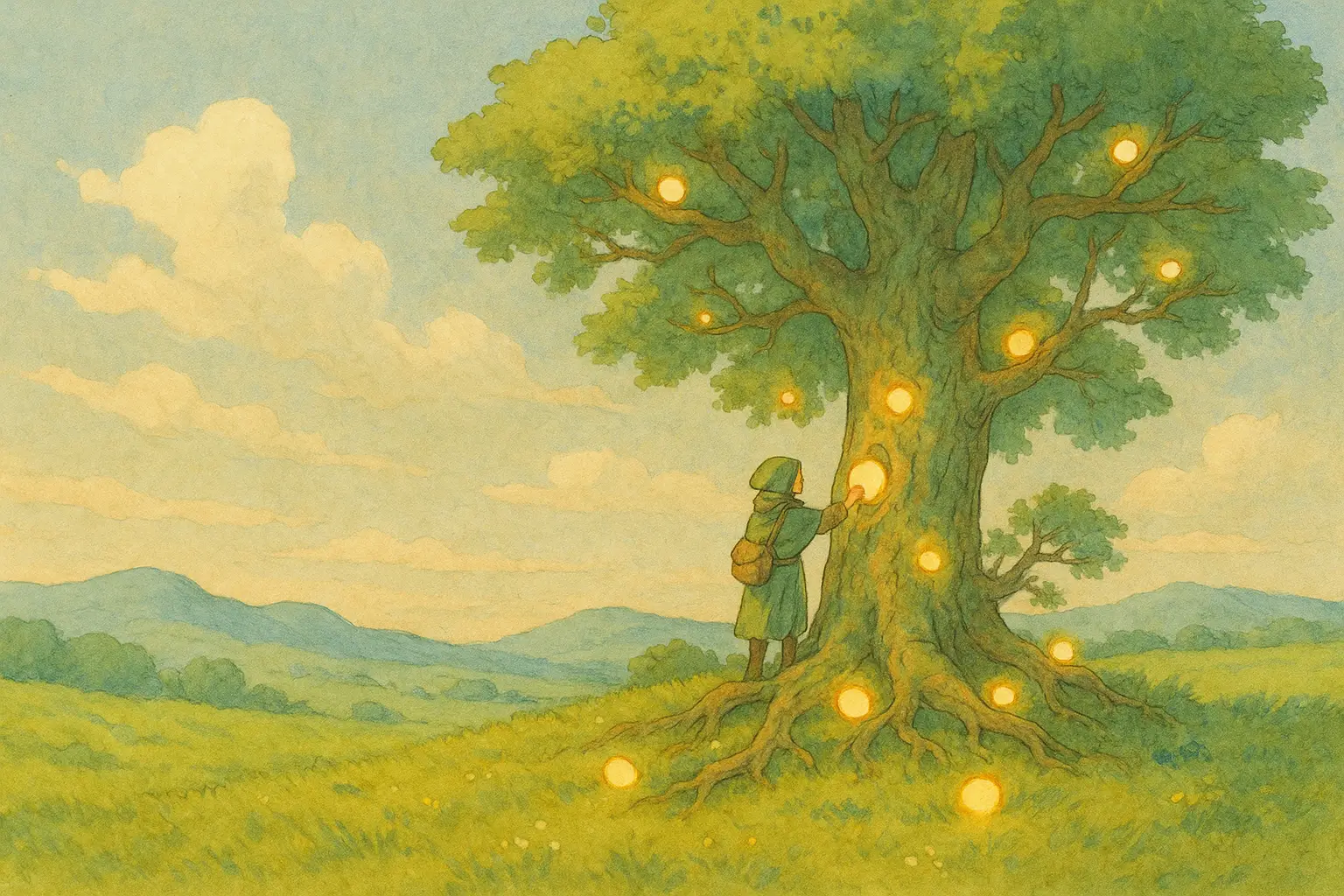 Illustrated adventurer placing glowing orbs of light into the branches of a great ancient tree in a sunny meadow — a metaphor for AI agent memory storing knowledge for later recall