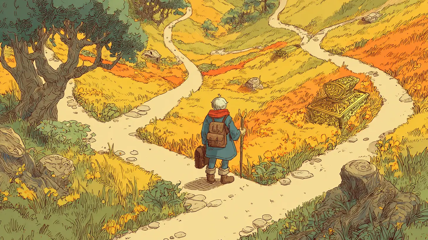 Illustration of a small adventurer at a crossroads of glowing paths through a sunlit meadow with a golden treasure chest, representing the choice between AI agent pricing models