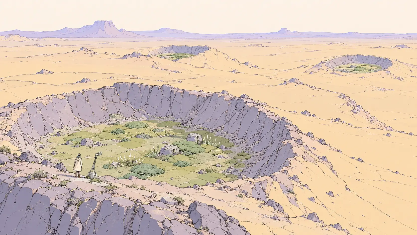 AI agent sandbox platforms represented by separate volcanic craters sheltering independent gardens