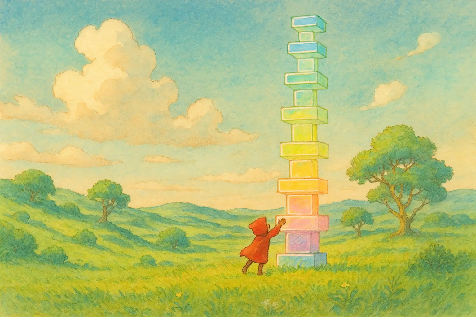 Illustrated adventurer building a tall tower of glowing stacked layers — a metaphor for the AI agent tech stack