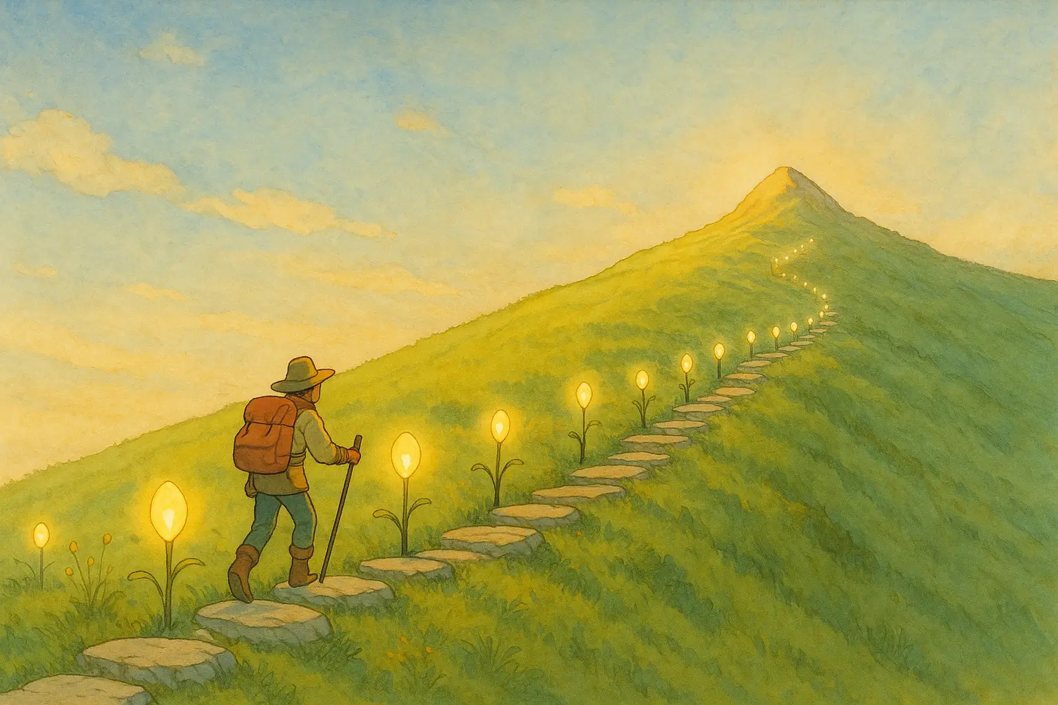 Illustration of a path lit by lanterns climbing a hill, representing AI agents for course creators guiding students through a course