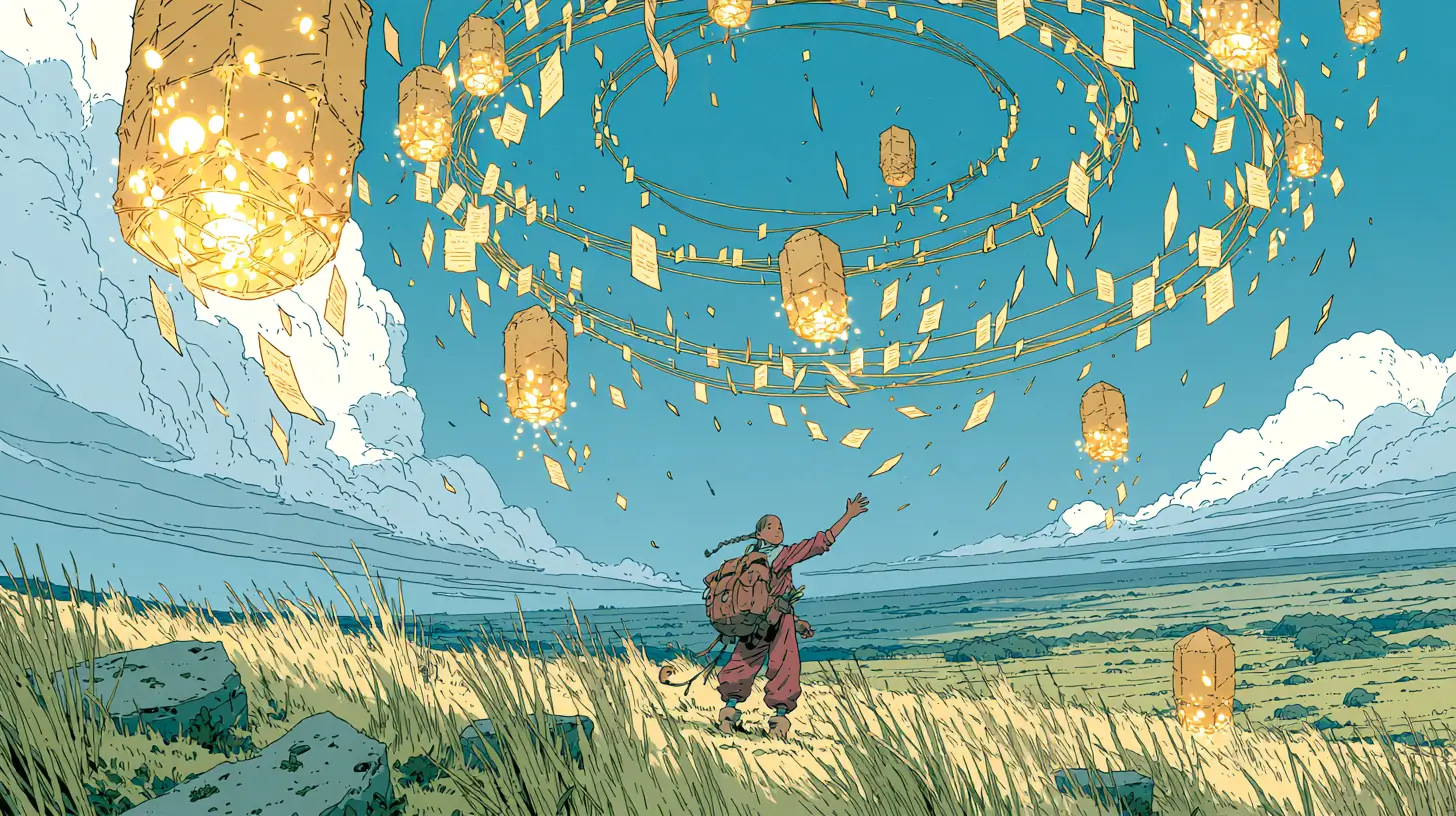Illustration of an adventurer conducting a swirl of glowing lanterns and invitation cards, a metaphor for AI for event planners