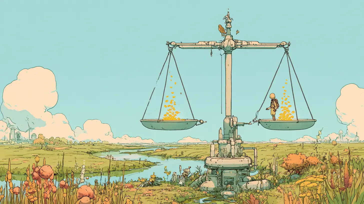 Illustration of a small adventurer standing in the pan of a giant balance scale with two streams of glowing golden coins, representing AI agents for finance teams balancing receivables, reconciliation and forecasting