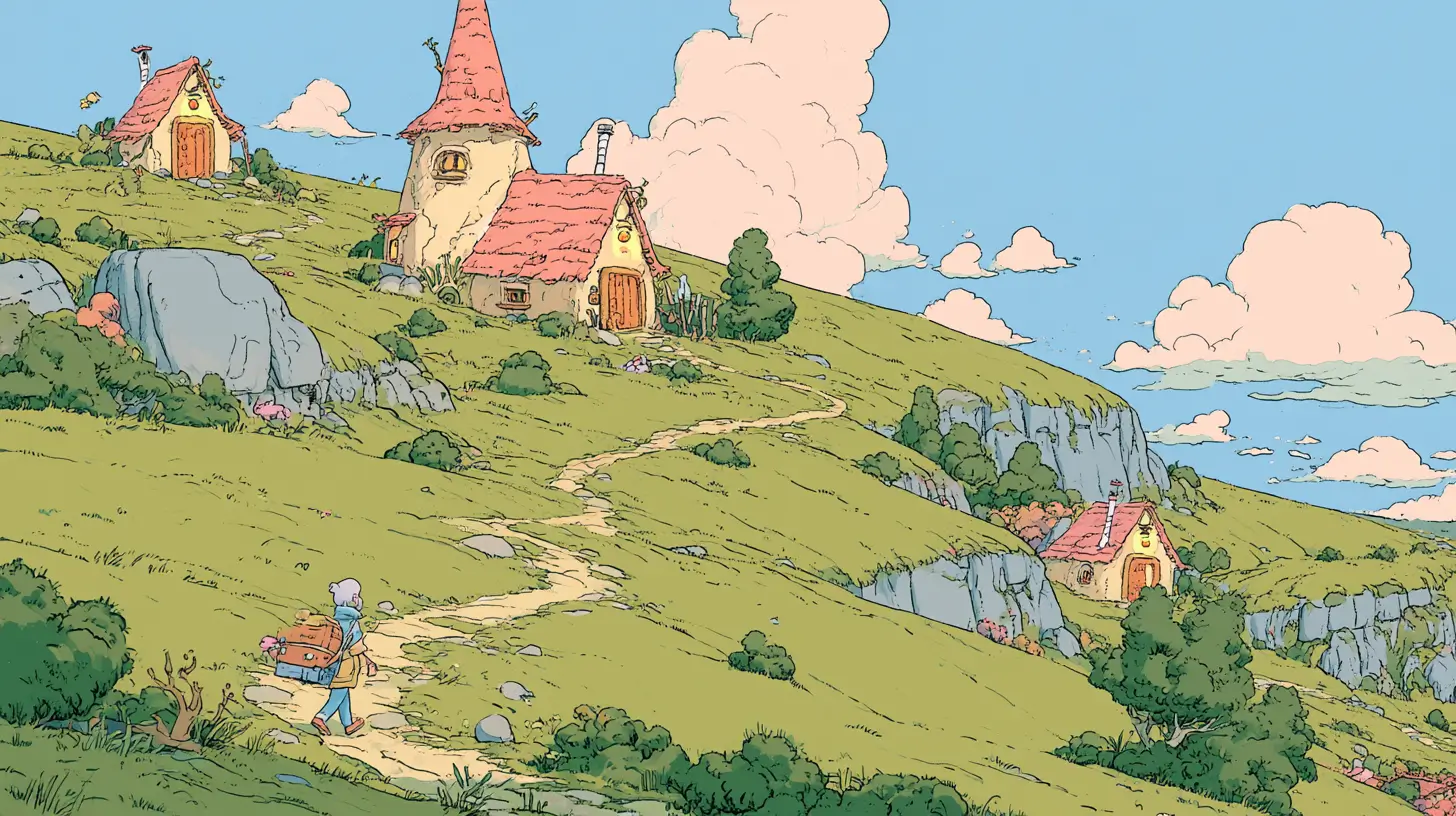 Illustration of a small adventurer with a toolbox walking a hillside path past cottages with glowing doorways, representing AI agents for home services answering calls after hours