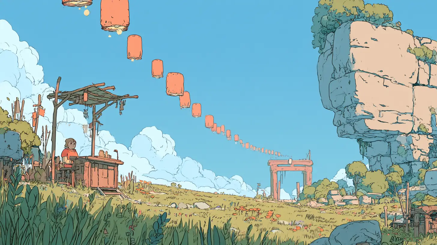 Illustration of a small adventurer at a wooden welcome desk guiding a line of glowing lanterns toward an open gateway, representing AI agents for medical practices handling patient questions after hours