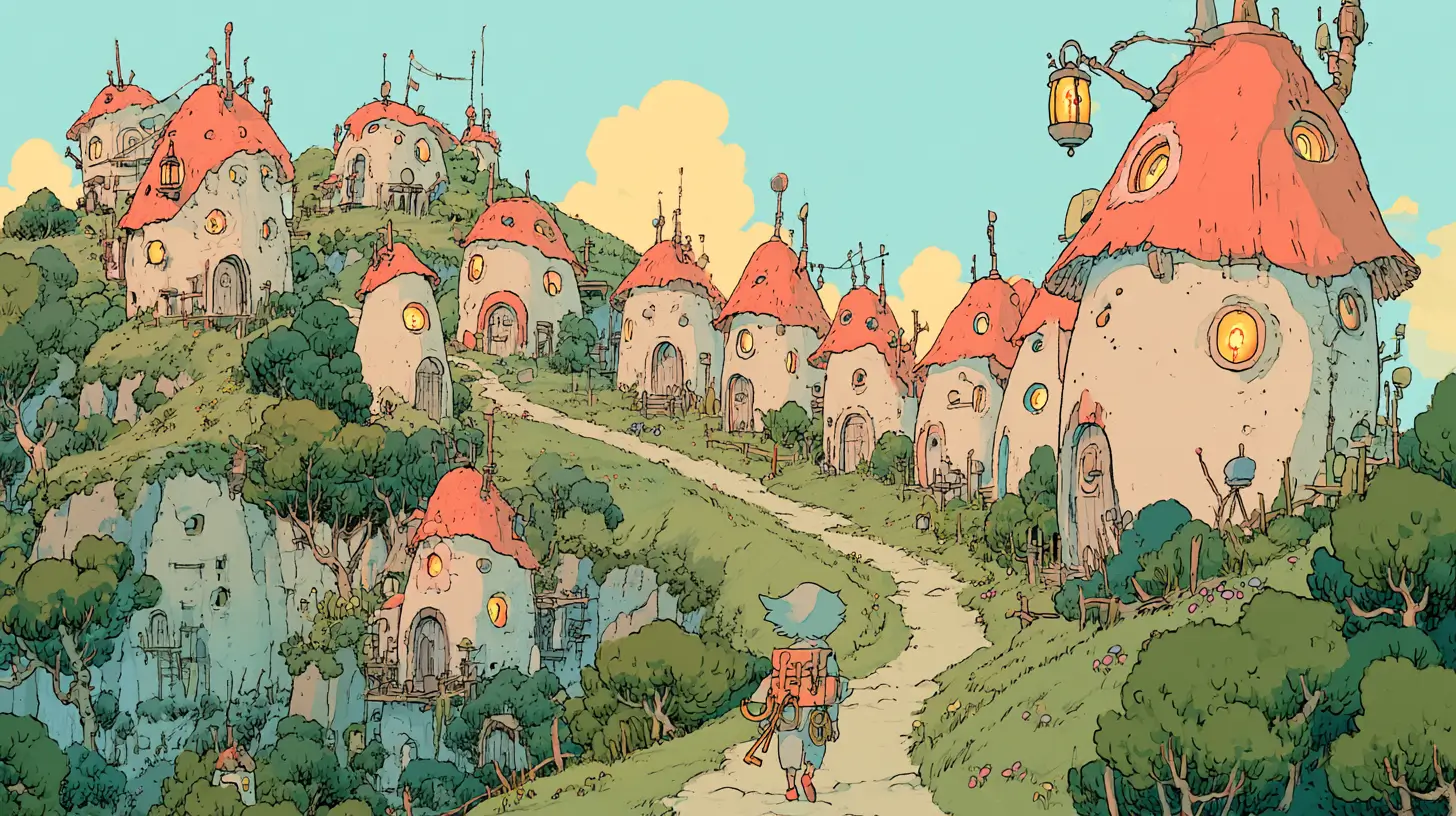 AI agents for property management - illustrated adventurer with a ring of keys walking a path between hillside cottages with glowing windows in a Ghibli-style landscape