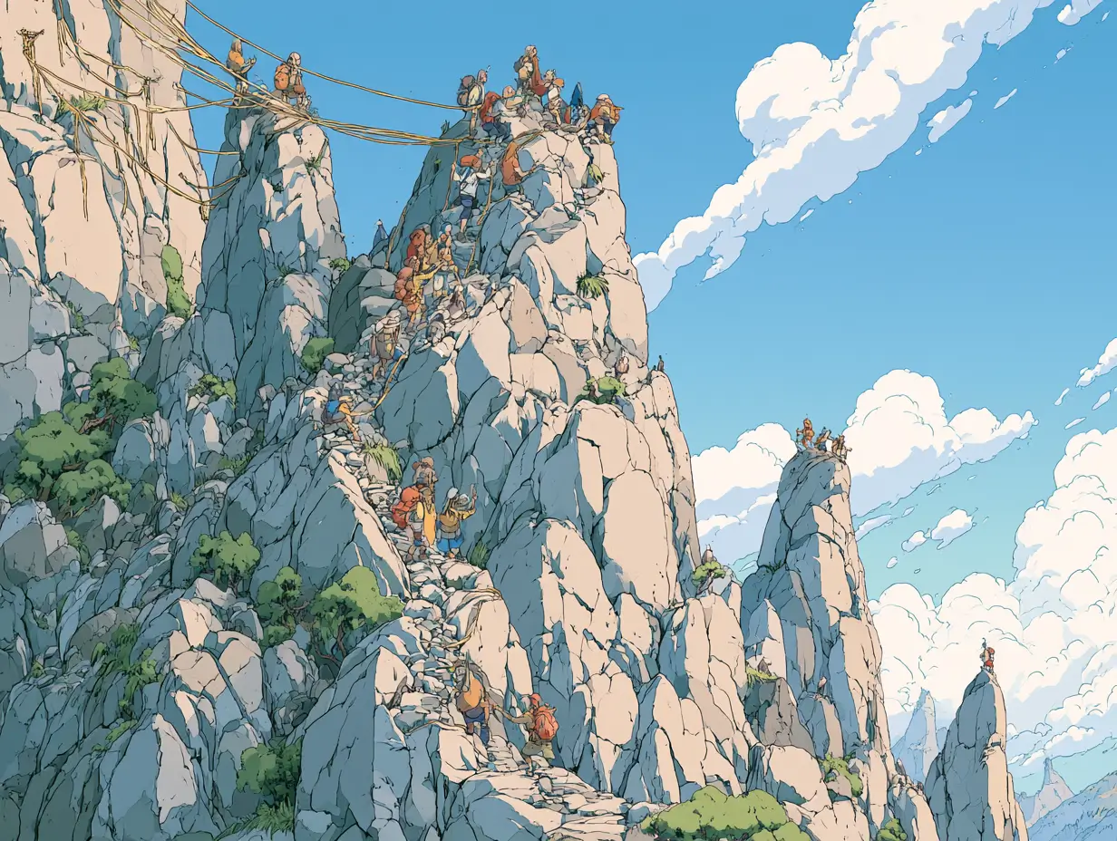 AI agents for recruiting and staffing agencies - illustrated group of adventurers climbing different mountain peaks connected by golden threads in a sunlit Ghibli-style landscape