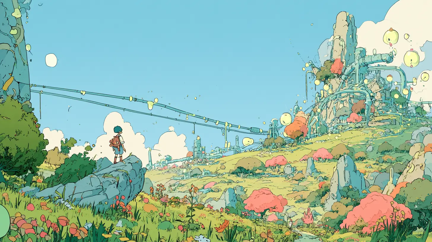 Illustration of a small adventurer overseeing a sunlit valley of interconnected pipes and glowing orbs, representing AI agents for SaaS companies running across the product lifecycle