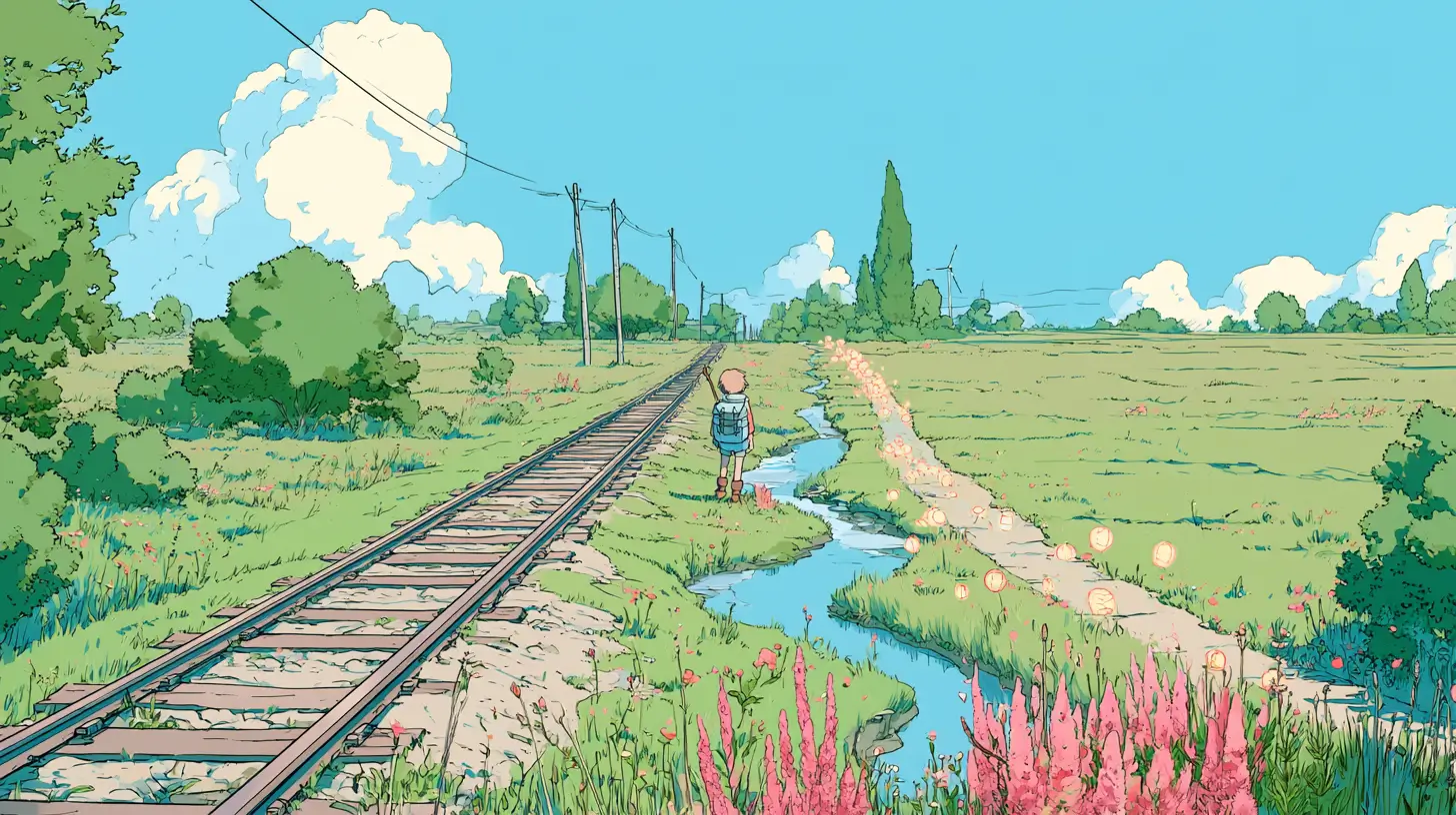 Illustrated adventurer standing where three paths diverge — a straight rail track, a branching stream, and an open lantern-lit trail — a metaphor for AI agents vs agentic workflows vs automation
