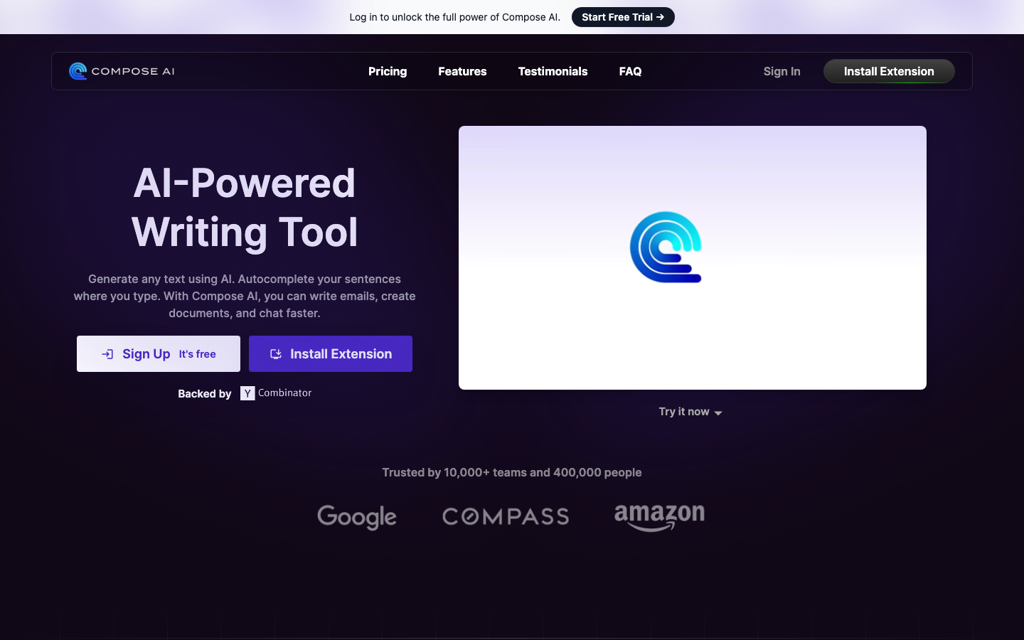 Screenshot of Compose AI extension showing autocomplete suggestions in a text field
