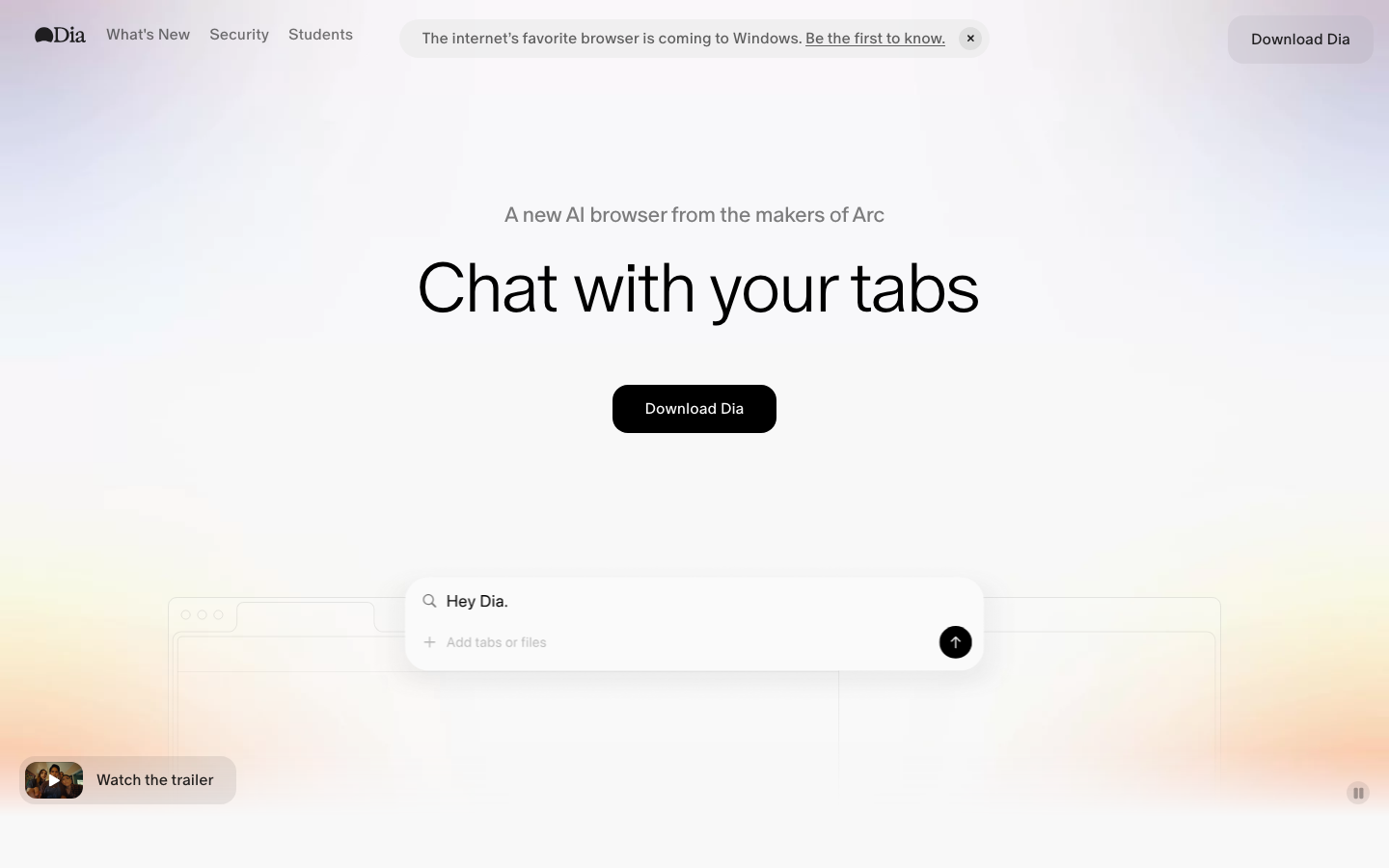 Screenshot of Dia Browser interface showing AI-powered URL bar and Skills