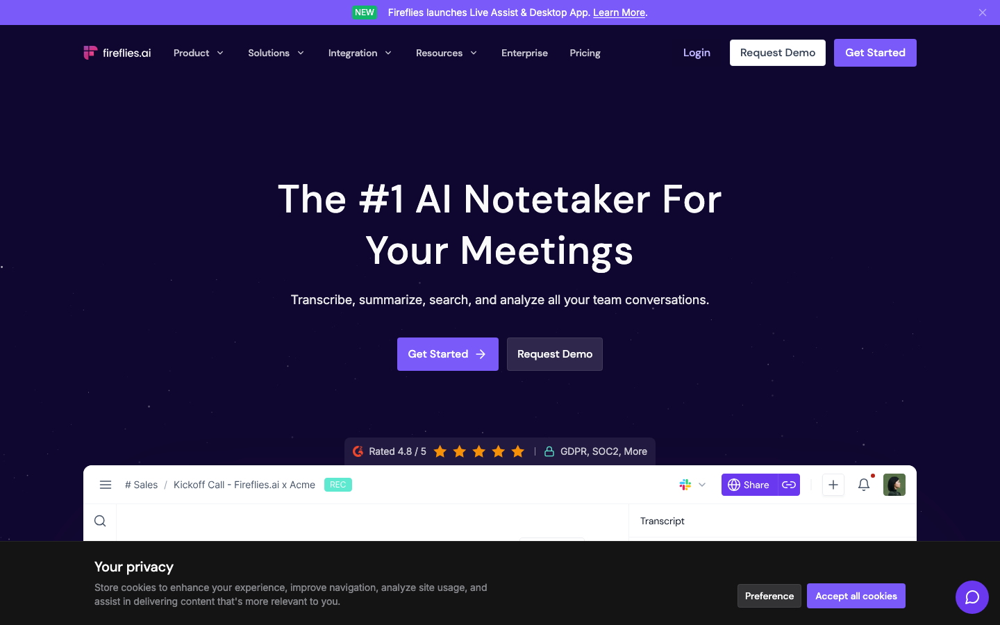 Screenshot of Fireflies.ai showing meeting transcription and AskFred AI assistant