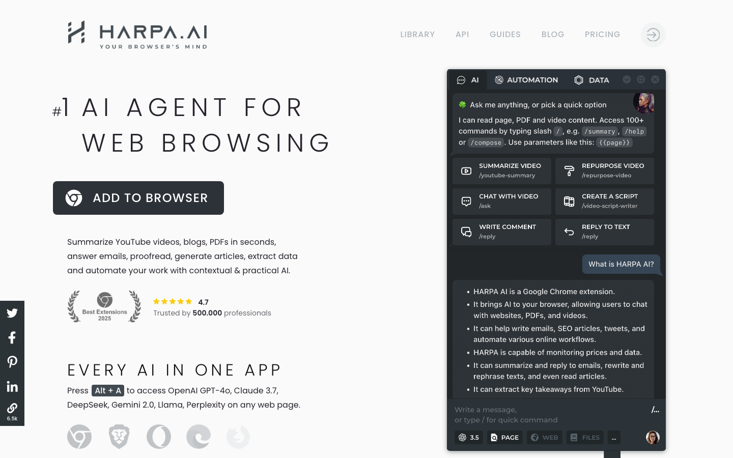 Screenshot of HARPA AI extension showing web automation and monitoring features
