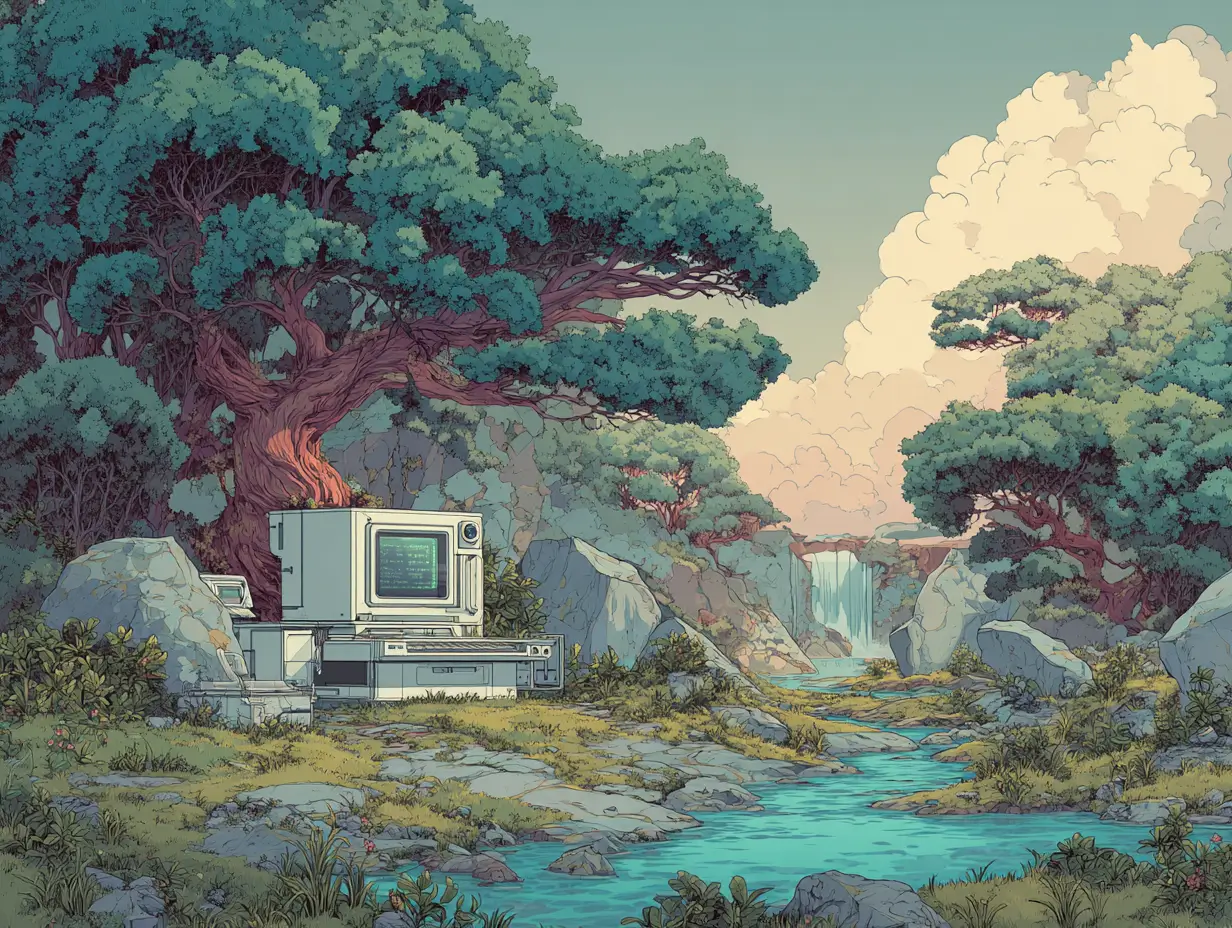 Illustration of a retro computer in a lush forest with a turquoise stream and waterfall