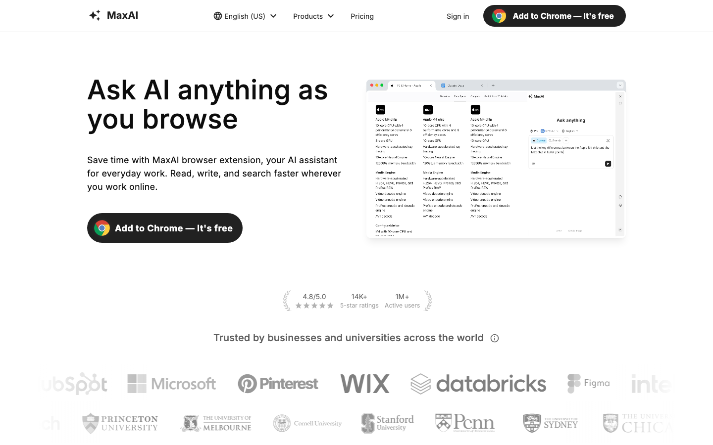 Screenshot of MaxAI extension showing summarization and translation features