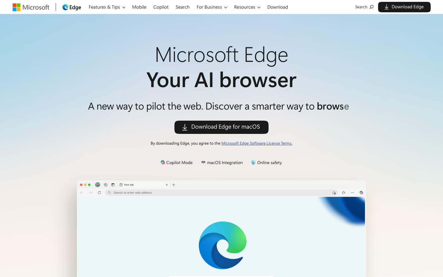 Screenshot of Microsoft Edge with Copilot AI sidebar and features