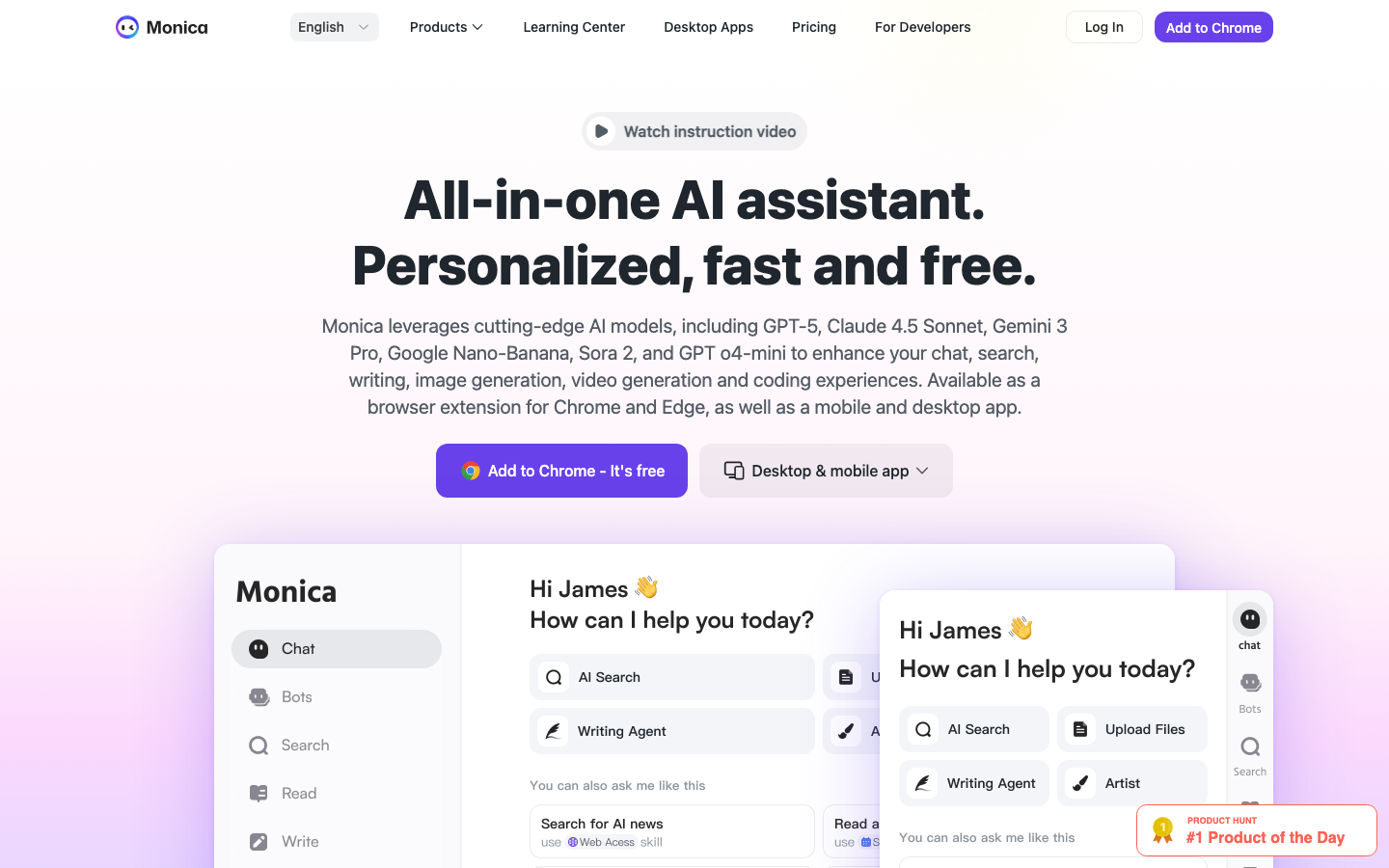 Screenshot of Monica AI extension showing multi-model chat and content creation features