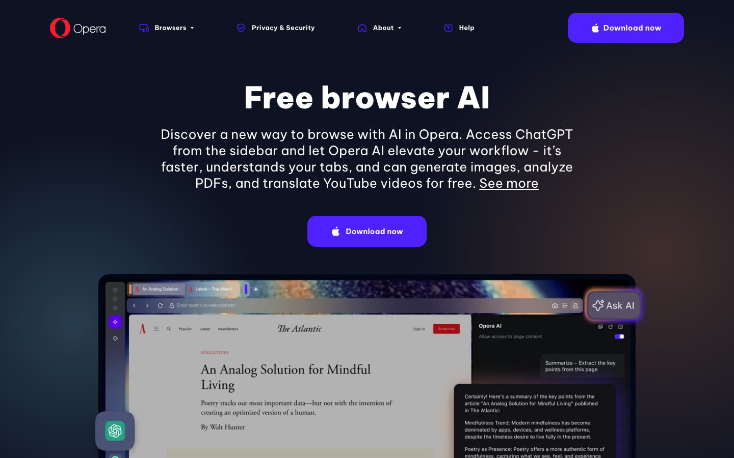Screenshot of Opera browser with Aria AI assistant and features