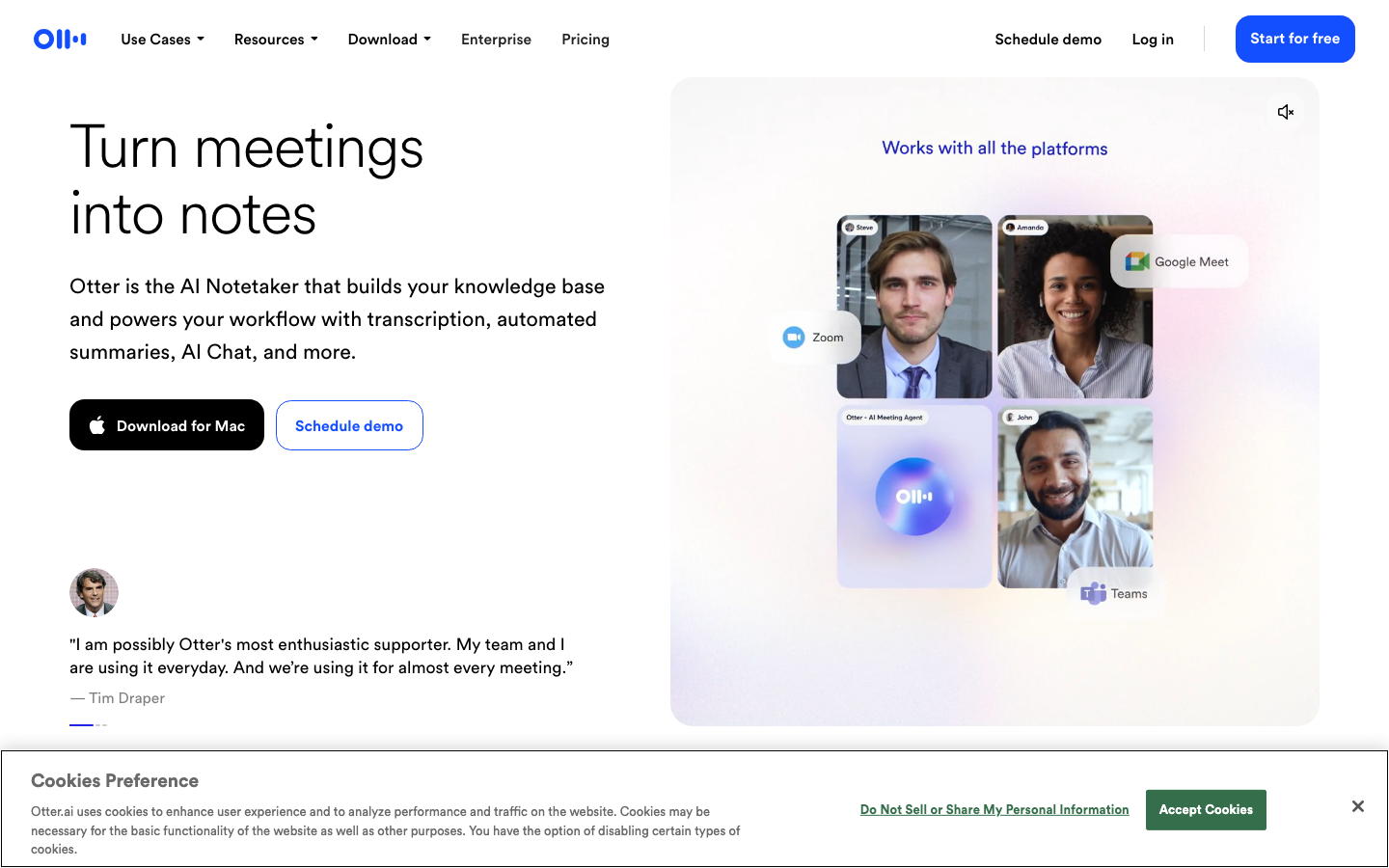 Screenshot of Otter.ai showing live transcription and no-bot mode