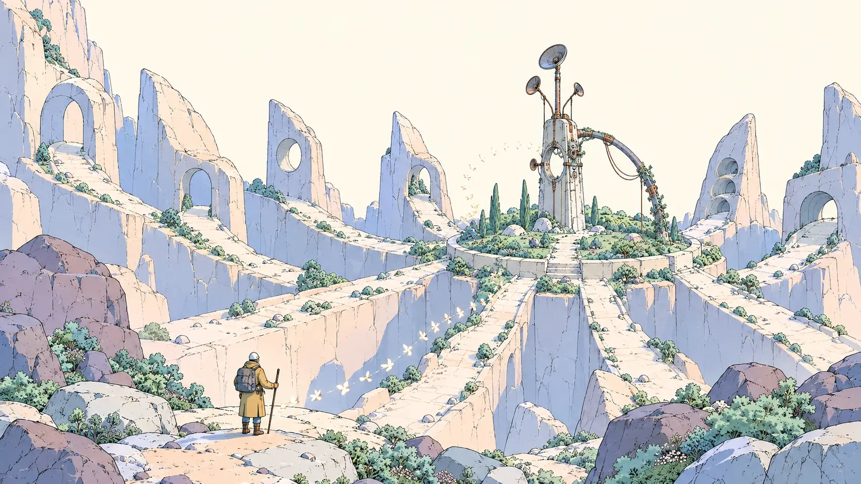 AI chatbot builders represented by echo paths converging on a listening garden