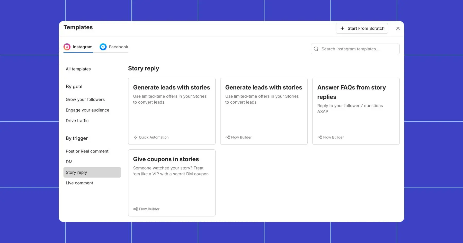 Manychat AI chatbot builder templates for Instagram story reply automation