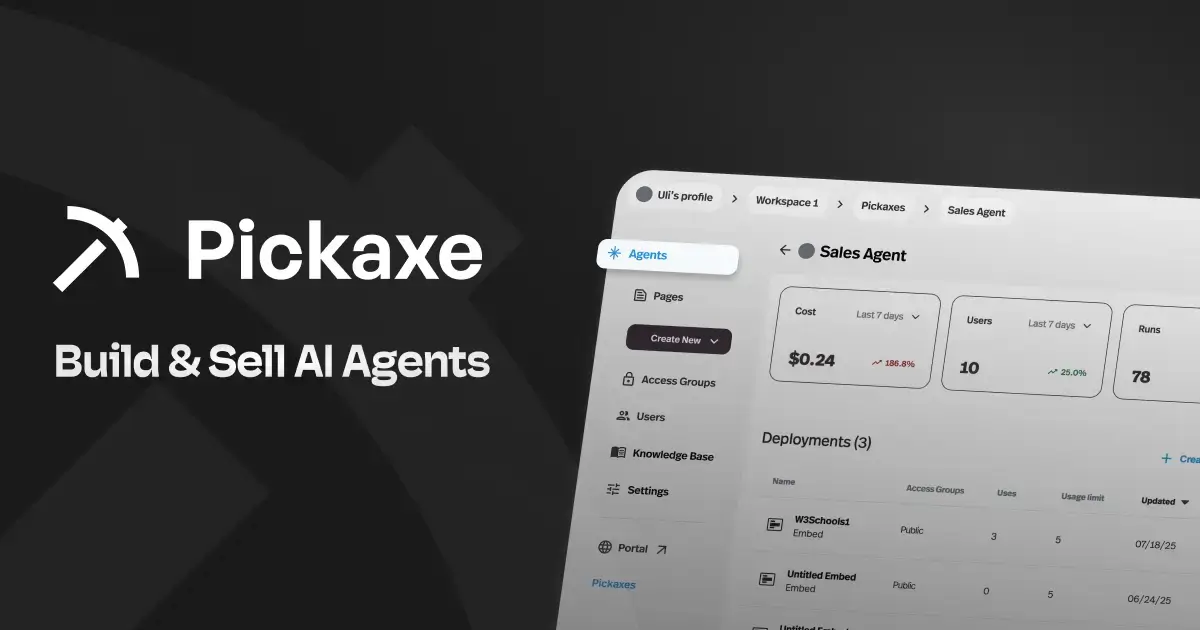 Pickaxe AI chatbot builder workspace for branded client agents