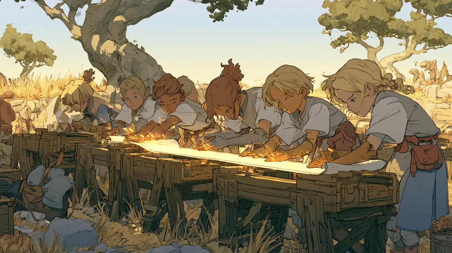Illustration of a row of small adventurers passing a glowing scroll down a long workbench, representing an AI content factory multi-agent workflow