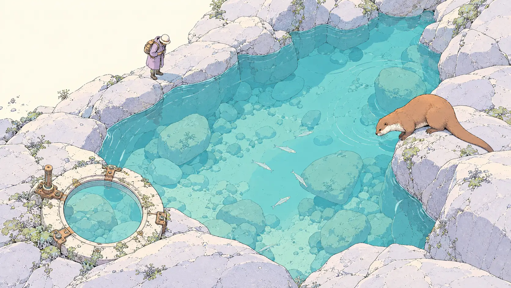 AI data analysis tools represented by an otter observing fish through a clear mountain spring