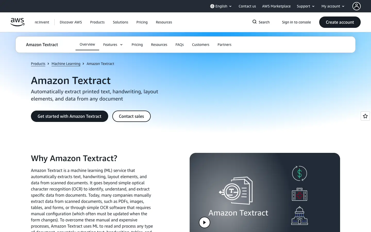 Amazon Textract product page describing extraction from documents