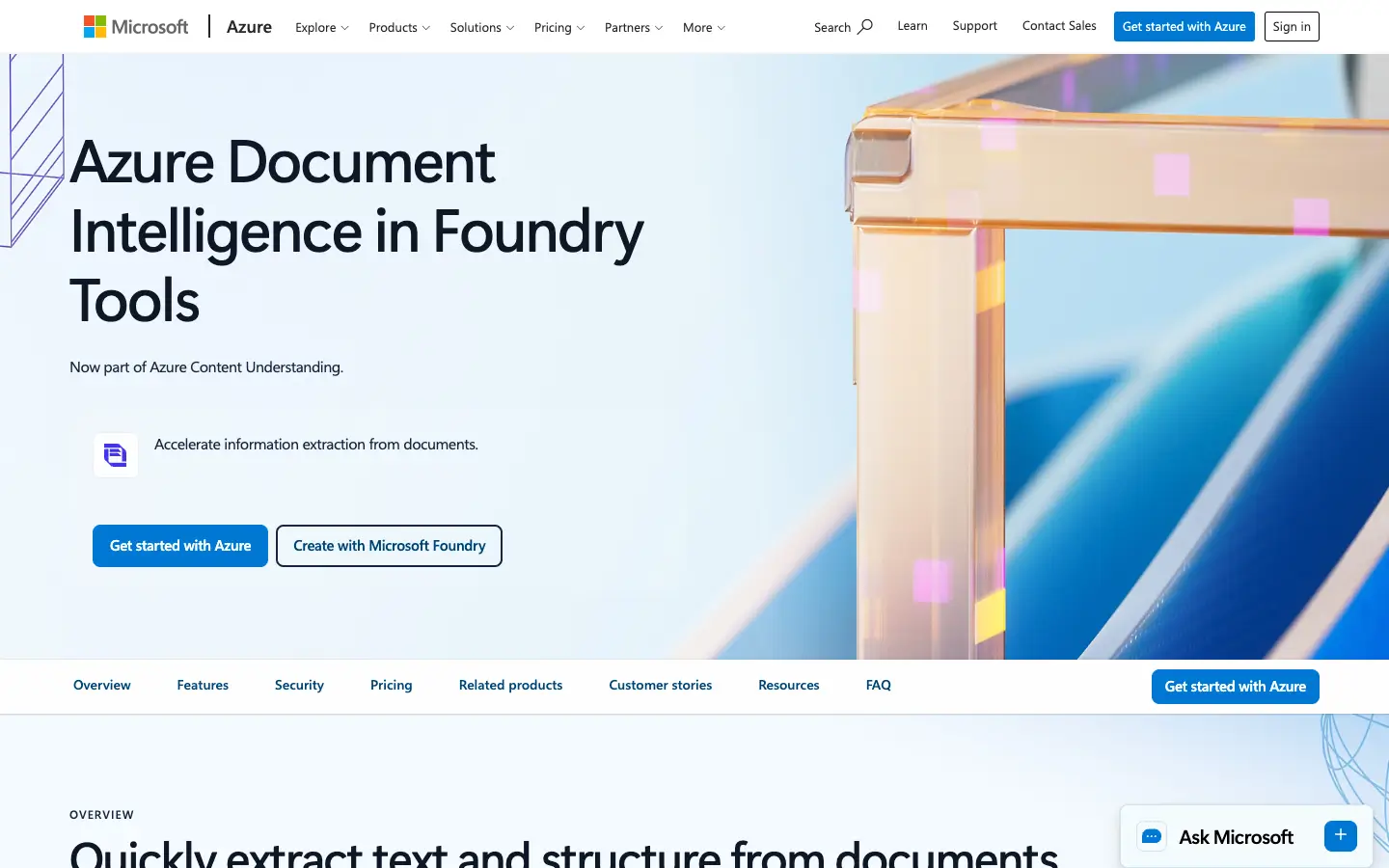 Microsoft Azure Document Intelligence product page for document data extraction