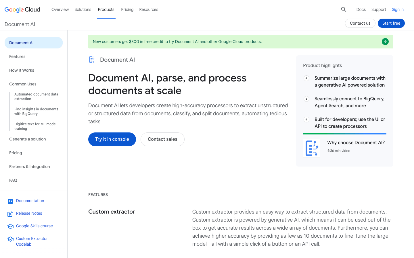 Google Cloud Document AI product page showing document extraction features