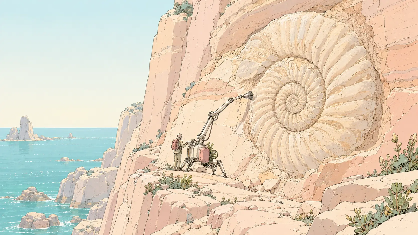 AI document extraction tools illustrated by a traveler and a delicate robotic brush uncovering a fossil in layered coastal rock